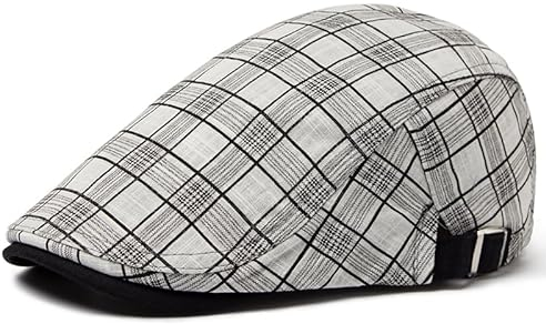 JZTDYPP Schiebermütze Herren Sommer Dünne Baskenmütze Männer Vintage Plaid Baumwolle Leinen Visier Flache Entenschnabel Kappen Für Frauen Baskenmützen Boina Weiblich, Kariert Weiß, 54-59 cm