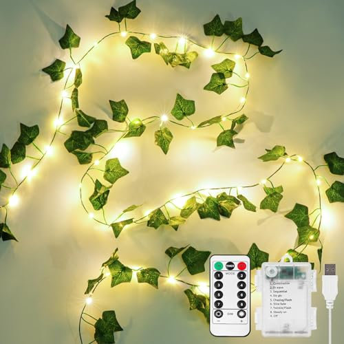 KASZOO 10M 100 LED Vines with Fairy Lights - Ivy Fairy Lights with Remote, Fake Vines Battery/USB Operated, Artificial Ivy Garland for Home Kitchen Garden Office Wedding Wall Decor (Warm White)