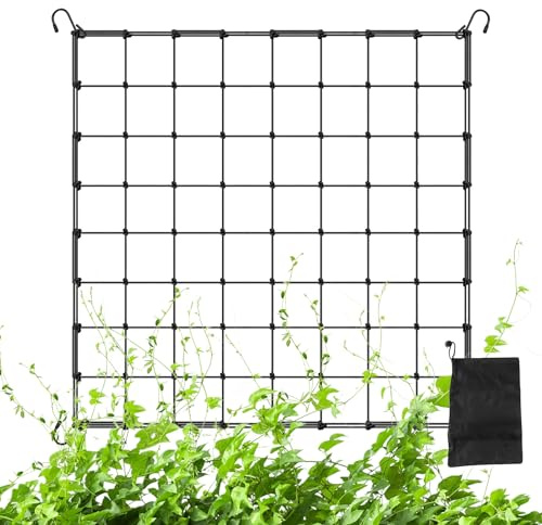 Rete per tenda da giardino 80 x 80 cm, rete per tralicci, rete elastica con 4 ganci e tasca, in nylon, per verdure, frutta, fiori, supporto per piante