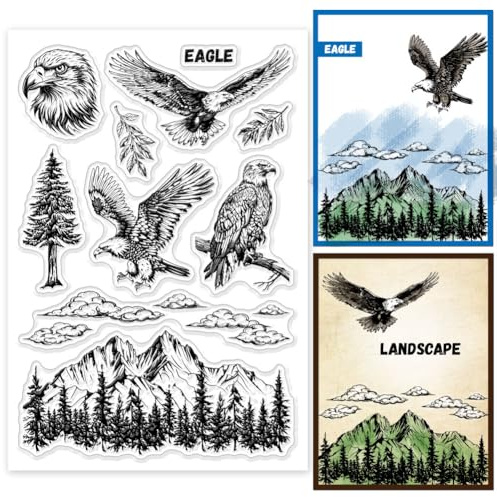 GLOBLELAND Eagle Landschaft Silikonstempel Bergspitze Transparente Stempel Waldlandschaft Klare Stamps Für Karten Herstellung DIY Scrapbooking Basteln