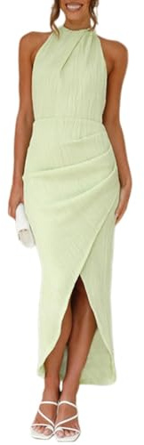 SOUTHJIELING Vestido entallado fruncido sin mangas con cuello halter para mujer, vestido de cóctel con abertura