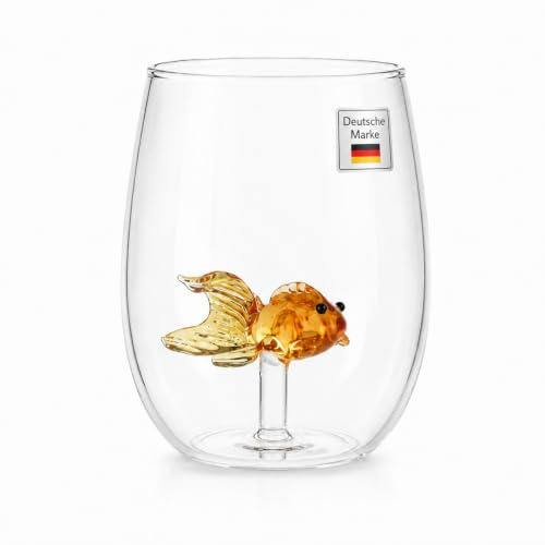 Winkee Goldfisch Trinkglas Wasserglas handgemacht hochwertig 450 ml | Hochwertiges Kristallglas, Glas für Wasser, Saft, Cocktails