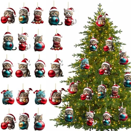 TYXHXTF 20 Stück Weihnachtsbaum Katzen Anhänger, Spaß Weihnachtsanhänger Deko, Niedlicher Acryl Katze Christbaumschmuck, Weihnachts Deko, Christbaumschmuck