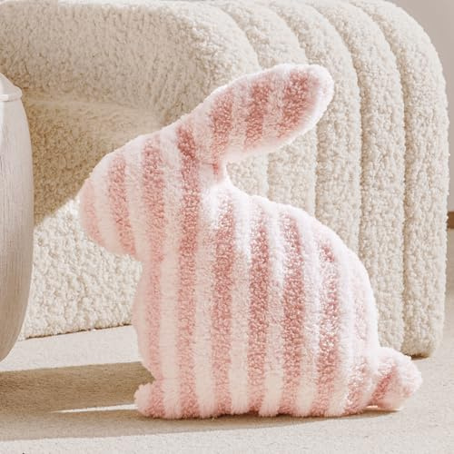 DN DECONATION Osterhasen Kissen Dekokissen, Rosa Weiß Plüschhase Kuschelkissen Hasenform 33x40 cm Plüschkissen aus Baumwolle & Sherpa für Sofa Bett Wohnzimmer Deko & Ostergeschenk Frühlingsdeko