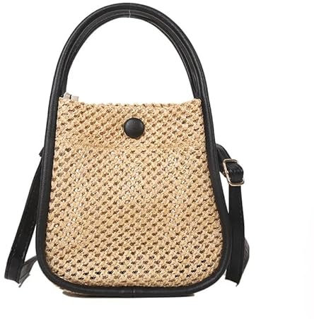 HESHUYAN Strohtasche Stroh Handtasche Frauen Umhängetasche Mädchen Kleine Rattan Gewebt Sommer Strand Messenger Schulter Taschen Mit Innen Geldbörse Runde Strohtasche(Noir)