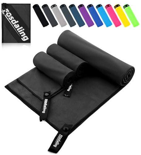 Fosdaling Mikrofaser Handtuch 3er Set - Groß 180×90cm & 2 Klein 80×40cm, Schnelltrocknend Microfaser Sporthandtuch, für Reisehandtuch, Badetuch, Fitness & Sport Handtücher und Strandtuch (Schwarz)