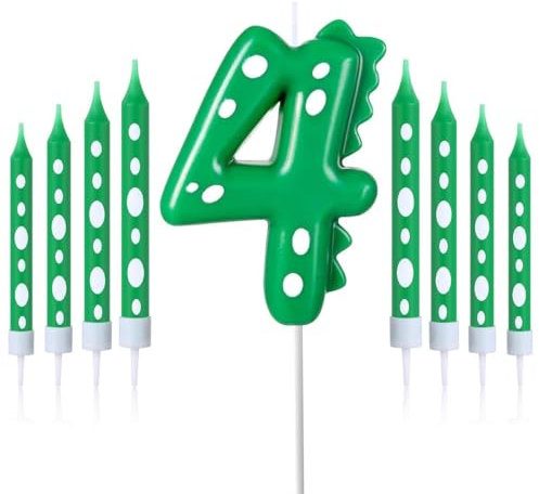 Candele Compleanno Numero 4,Candeline di Compleanno di Dinosauri,Con 8 Candeline Lunghe Sottili,candele per feste a tema Dinosauri,per feste di compleanno ragazzi e ragazze (Dinosauri, 4)