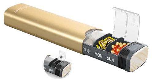 Serfeymi Tablettenbox 7 Tage - Metall Medikamentenbox, Pillendose, Tabletten Organizer(Ersatzdichtung enthalten),Pillenbox,Dispenser Medikamente für Pill, Supplement mit individuellem Deckel-Gold