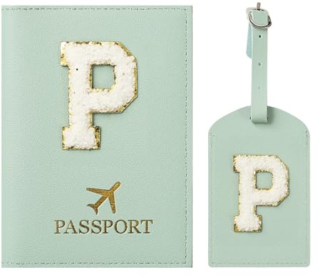 ZVRSUA Reisepasshülle und Kofferanhänger mit Buchstabe P,Passport Hülle, Hülle Reisepass,Ausweismappe, der Pass, Kofferanhänger für Kreuzfahrten und Flugreise,Geschenk für Damen/Teenager/Kind(Grün P)
