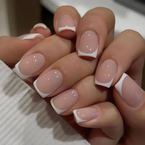 LOPHE 24 Pièces Ongles à Coller Manucure, Faux Ongles Court Carrés Français Rose Nude Ongles, Nails Autocollants pour Femme et Fille Nail Art,A