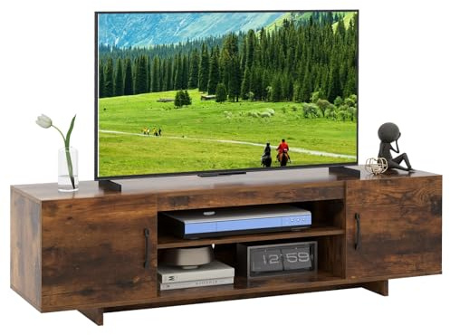 CASART TV Stand Cabinet for 70 Inch TVs, Wooden TV Unit with Charging Station, 2 Storage Cabinets & Open Shelves, Large Media Cabinet TV Console Table for Living Room Bedroom (Rustic Brown)