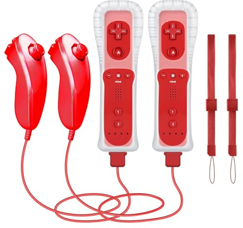 CLVIZCXOM 2 Sets Remote Fit for Wii/Wii U with MotionPlus (Red & Red) | 2 Remotes + 2 Nunchuks + 2 Cases + 2 Straps, Compatible with Nintendo Console