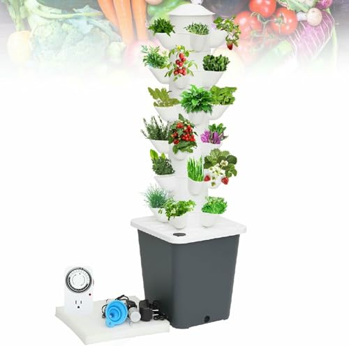 RRrawgff Hydroponics Growing System, 30 Pods Hydroponics Tower Aeroponics Grow Kit Aquaponics Planting System with Hydrating Pump, Adapter, Net Pots, Timer for Herbs, Fruits， Vegetables