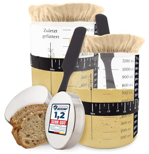 MEISTERZWECK4U Sauerteig Starter 2er Set, 1100ml Gärglas, Sauerteig Glas Behälter zum Brot backen - mit Stoffabdeckung, Thermometer, Fütterungsband, Schaber & Aluminiumdeckel - Zubehör für Brot backen