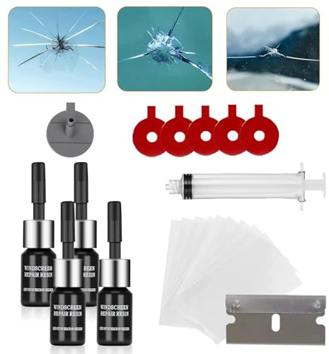 BASTOUR Kit Reparation Pare Brise de Voiture, Outil Réparation Pare-Brise, 4 Bouteilles de Liquide RéParation pour Les Fissures en Forme de Demi-Lune, Les Toiles D'AraignéE, Les Dommages en éToile
