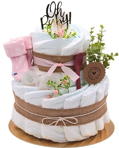 Trend Mama | Boho Windeltorte – 27 Windeln (Gr. 2), Babytee, Breilöffel, Babysocken – Jute-Look mit „Oh Baby“ Stecker – Handgemachtes Geschenk zur Geburt – Babyshower Geschenk für Mädchen rosa