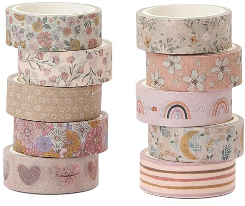 YUBX 10 rotoli Washi Tape Modello floreale Washi Masking Tape Adesivo Nastro adesivo decorativo Carta Tape per bullet diario Scrapbooking Artigianato fai da te Forniture (Warm)