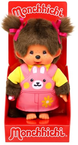 Sekiguchi 203888 - Monchhichi Original niña con Vestido con Peto y Cara de Conejo, Peluche de Aprox. 20 cm de Color marrón