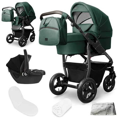 Bergsteiger Capri Kombikinderwagen 3-in-1 Babywanne Sportsitz Babyschale | Komfortables Reisesystem ab Geburt mit Luftreifen Rahmenfederung verstellbarem Griff Platzsparend faltbar und Wickeltasche