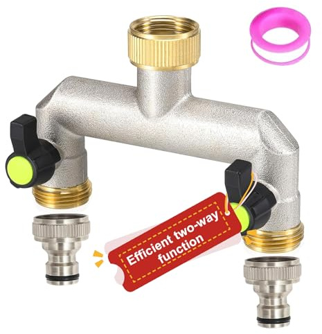 KLEHOPE 3/4 de Pouce Double Sortie Robinet Jardin, Alliage de Zinc Robinet Double Sortie, Robinet Distributeur 2 Voies en Laiton avec Robinet à Boisseau Sphérique pour Régler et Fermer le Débit D'eau