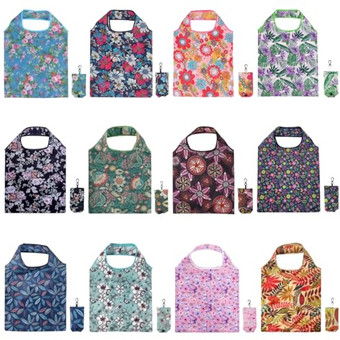 12 Pcs Reusable Floral Grocery Bags, Foldable Washable Shopping Bags | Portable Eco-friendly Tote Bags Gifts for Women, Cute Waterproof Flower Travel Recycle Bags for Supermarket