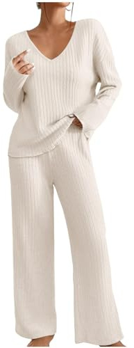 AMhomely Ensemble de vêtements de détente pour femme, Pyjamas - 2 pièces Côtelées - Ensembles de pyjamas, Costumes de loisirs, Vêtements de maison - Col en V, Manches longues, Pulls, Pantalons à