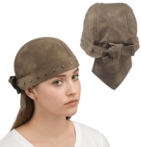 Mepase Leather Skull Cap Biker Rivet Caps for Women Motorcycle Cap Unisex Cycling Bandana Doo Rags Adjustable Biker Hat(Distressed Brown)