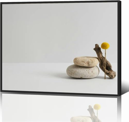 Black Framed Canvas Wall Art Decor for Living Room Bedroom Kitchen Bathroom Office Artwork Painting Empty stone podium piece driftwood and yellow flower grey Minimal print picture poster 12x16