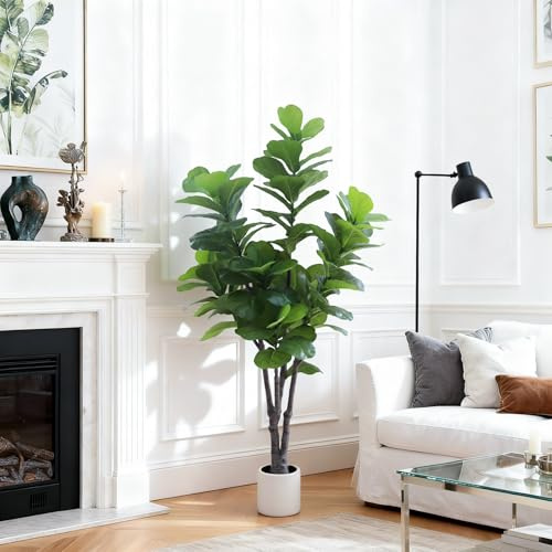 Künstlicher Ficus Lyrata Baum (Geigenfeige) 180 cm, Künstlicher Feigenbaum mit Verstellbaren Ästen im Weißen Übertopf, Kunstpflanze Fiddle Groß für Wohnzimmer, Büro, Home Decor