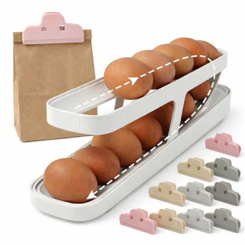 AETHEL Huevera Frigorífico Blanca 2 Niveles +10 Clip sellado de Alimentos| Dispensador automatico Rodante Antideslizante para Cocina 12–14 Huevos| Pinzas Sellado de bolsas de alimento