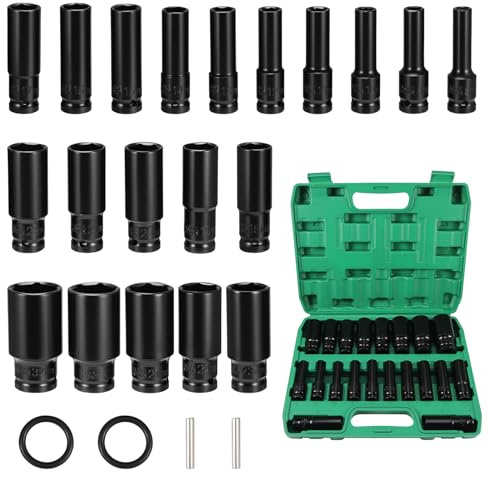 Gueenky 20 Piezas Llaves de Vaso Impacto 1/2'', 8-32 mm Vasos de Impacto Largos con Adaptadores de Llave de Vaso para Reparaciones de Coche y Cambio de Neumáticos