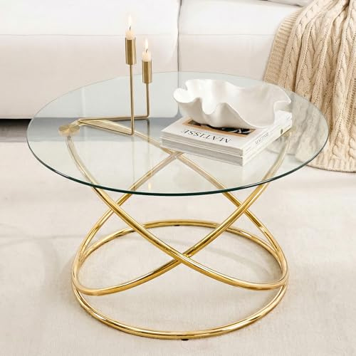 WOOW DEPOT Modern Round Coffee Table with Metal Ring Base, 80CM Tempered Glass Top, Gold Coffee Tables for Living Room Bedroom Office (Gold)