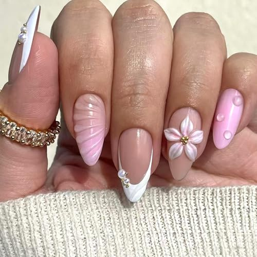 Ceboic 24 stycken rosa vita naglar att klistra fast medium fransk mandel press på naglar 3D blommor pärlor eleganta konstgjorda naglar naturliga akryl konstgjorda naglar återanvändbara falska naglar