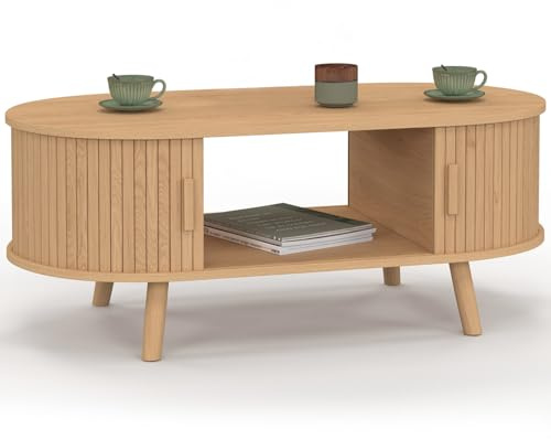 IDMarket - Table Basse Fixe Romie Ovale 2 Portes coulissantes Effet Lattes