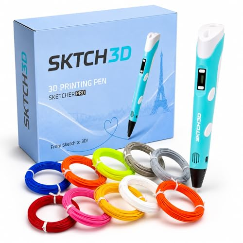 SKTCH3D® 3D Penna con 50m di Filamento PLA – Set di Avvio Professionale per Penna 3D con 10 Colori, Adattatore USB, Libro di Modelli e Istruzioni – Penna per Stampa 3D per Creativi, Fai-da-Te e