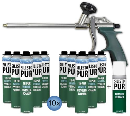 SILISTO 10 x 750 ml Hiver Coupe & PU remplissage Mousse expansive -10° traitable + 500 ml nettoyant + Pistolet de qualité
