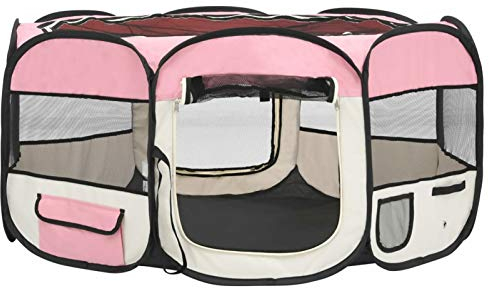 Tidyard Faltbarer Welpenlaufstall mit Tragetasche Welpenauslauf faltbar Welpenlaufstall Tierlaufstall für Kleintiere wie Hunde, Hasen, Katzen Rosa 145x145x61 cm