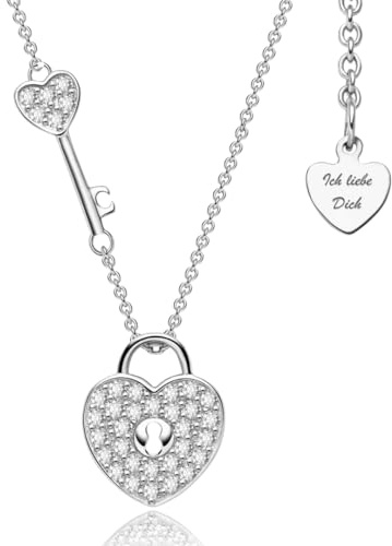 LOVENEST Halskette Damen Silber 925 / Gelbgold Rosegold vergoldet Herzkette mit Schlüssel Damenkette Kette Ich Liebe Dich Silberkette Anhänger Schmuck Jahrestag Geschenke Frauen Freundin
