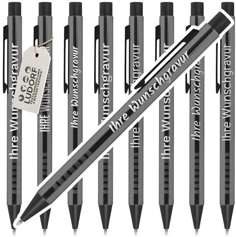 #teamludorf ALPHA Kugelschreiber Grau - 50 Stück - hochwertige Gravur Kugelschreiber - personalisierbar mit Name, Logo oder Slogan - edles Geschenk für Kunden, Firmen & Messen - blaue Mine