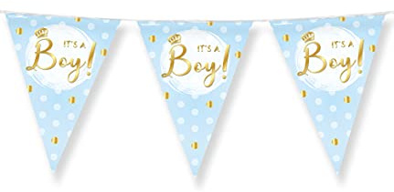PD-Party 7031028 Foil Bunting - It’s a boy, Blau/Gold, Doppelt-Seitige, Dreieckig, Folie Wimpelkette, 1000cm Länge X 30cm Breite X 0.1cm Höhe