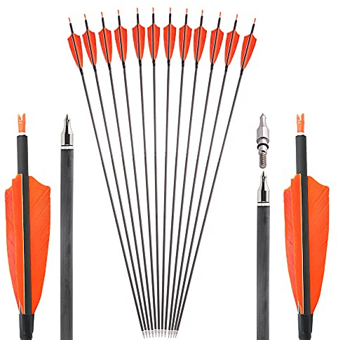 ZSHJGJR 12 Stück 33 Zoll Carbonpfeile Bogenpfeile Spine 400 mit 4'' Naturfeder und 100 Grain Pfeilspitze Bogenschießen Jagdpfeile für Recurvebogen Compound Bogen Outdoor Zielschießen (Orange)