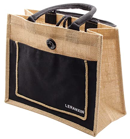 LERANXIN Jute Tasche, 31 × 25 CM Jutetasche mit Verschlussschnalle, Wiederverwendbar Einkaufstasche, für Einkaufen, Ausgehen, Campen
