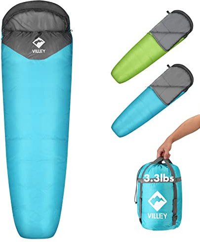 VILLEY Mummy Sleeping Bag, Lightweight Backpacking Sleeping Bag for Adults & Kids, Camping Hiking Equipment for 3-4 Seasons