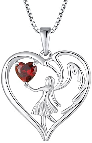 FJ hjärta skyddsängel kedja damer 925 sterlingsilver ängelvingar hänge halsband med födelsesten zirkonia smycken presenter för kvinnor flickor, Sterlingsilver, Granat