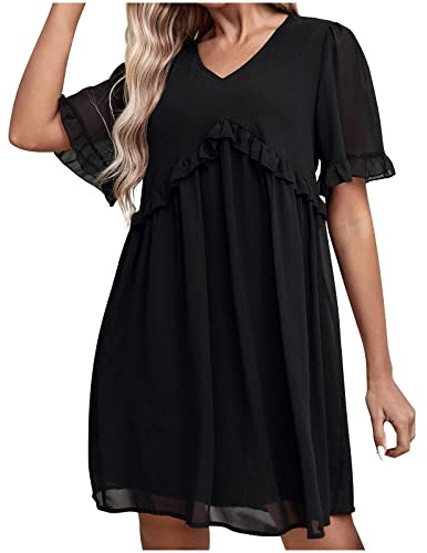 RKaixuni Sommer Damen Casual T-Shirt-Kleider, niedliches Babydoll-Chiffon, Rüschen, kurze Ärmel, lockere Passform, Minikleid, Schwarz , Medium