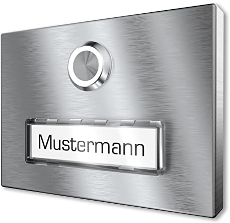 Aufputz Klingelschild aus V2A Edelstahl mit beleuchtetes Namensschild von Graviers Design – Edelstahl – LED Klingeltaster – Türklingel – Made in Germany