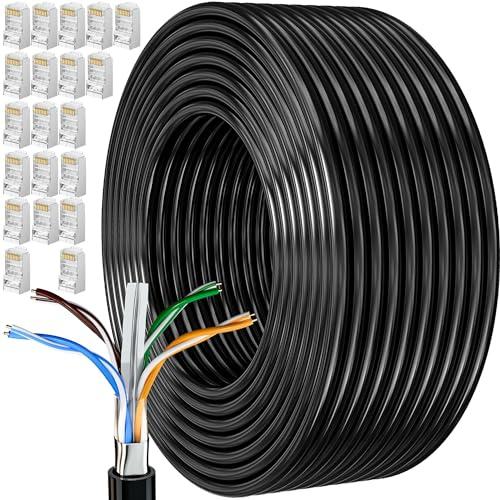 MEIPEK Cable Ethernet 100m, Cat 6 Rj45 Blindé Gigabit Câble Réseau Extérieur Anti-Brouillage Résistant aux Intempéries Cable Internet Noir FTP 23AWG 100 Mètres Fil Lan pour Modem Routeur