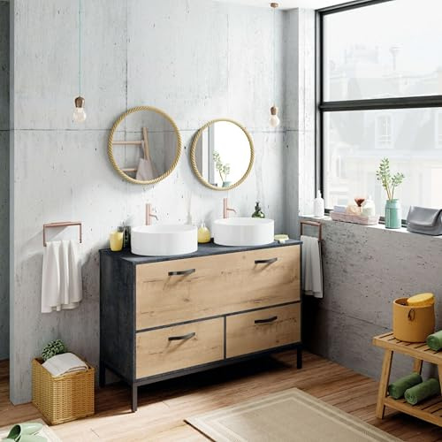 Badezimmerschrank mit Doppelwaschbecken, Sena, Eiche, Gold und Marmor, Schwarz, 120 x 50 x 92 cm