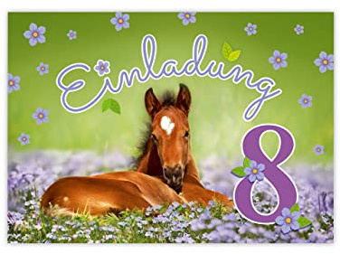 Minkocards 12 Einladungskarten zum 8. Kindergeburtstag Mädchen Pferd Einladung achte Geburtstag Kinder bunte Geburtstagseinladungen