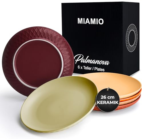 MIAMIO - Teller Set (26 cm) 6er Set Speiseteller - Palmanova (Rot) | Modernes Keramik Teller Set, Teller für Hauptspeisen, Große Teller, Steingut Geschirr - spülmaschinenfest